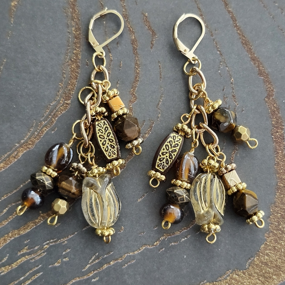 Earrings Tiger Eye Stone Glass Handcrafted